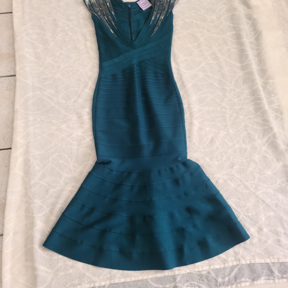Herve Leger Teal Bandage Mermaid Midi Dress